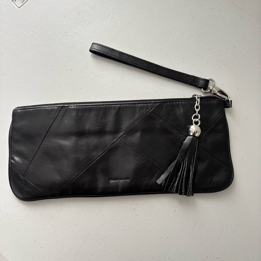 Black Leather Patchwork Edgy Street‎ Style Clutch Wallet Wristlet with Tassel